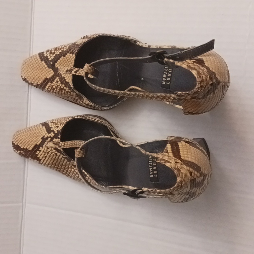 Stuart Weitzman size 7B women's snake print t-strap high-heel shoes brown cream. - Picture 9 of 17